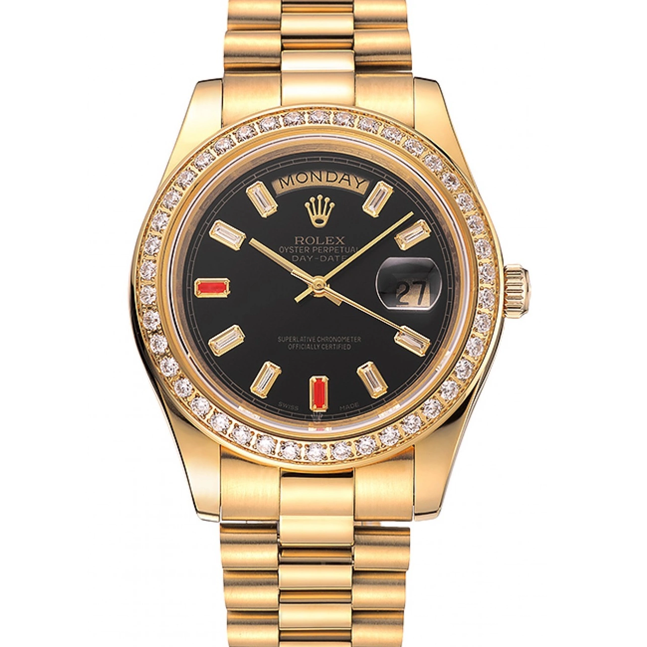 Aaa replica watch 1454101 Bracelet Dial Rolex Diamonds And Black Rubies Gold Swiss Day-Date 0518